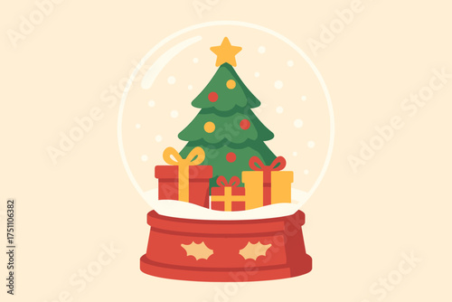 Christmas snow globe with decorated tree and colorful presents  