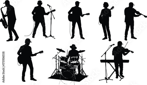 Silhouette music band performing vector illustration, musicians playing instruments, concert stage design, jazz rock performance concept, orchestra ensemble entertainment art