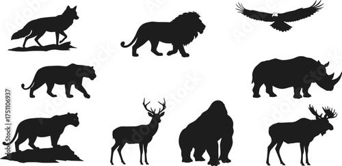 Wild animal silhouettes vector illustration, predator and herbivore icons, nature wildlife design, jungle creature artwork, black animal shapes, stock image