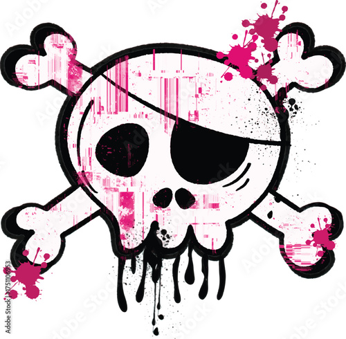 Grunge skull and crossbones illustration with pink accents vector design for edgy apparel and graphic design projects