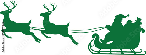 Green silhouette of santa claus riding in a sleigh pulled by reindeer against a white background