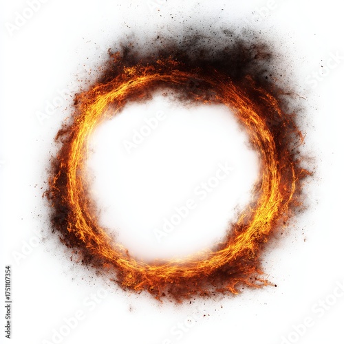 A captivating abstract image of a fiery ring, evoking a sense of energy and mystique. The circular shape is ablaze with vibrant orange and yellow hues, surrounded by a smoky cloud.