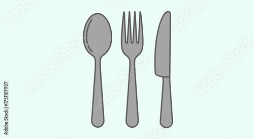 Simple illustration of a spoon, fork, and knife arranged vertically.
