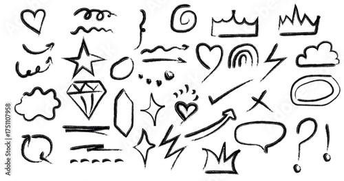 A collection of hand drawn doodle elements including hearts stars crowns and speech bubbles in black ink, brush doodles
