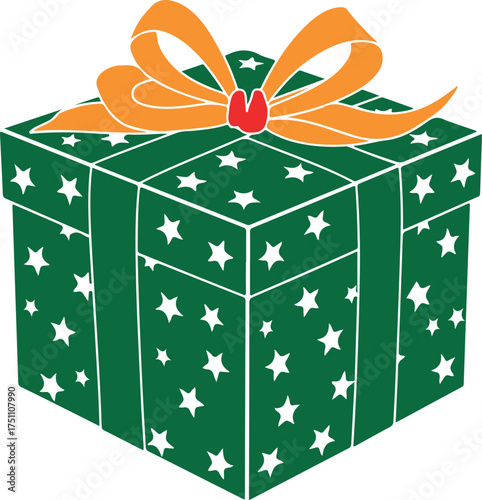 A festive green gift box adorned with white stars and a bright orange ribbon bow on a white background