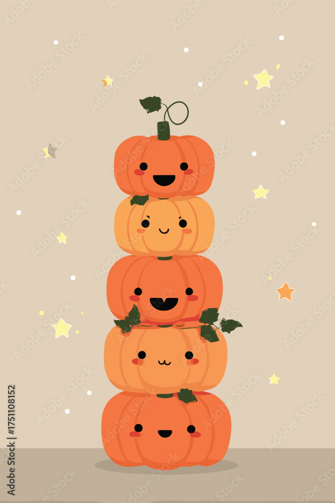 Fototapeta premium Pumpkin party card with kawaii jack-o-lantern stack, each pumpkin showing different cute expressions vector illustration