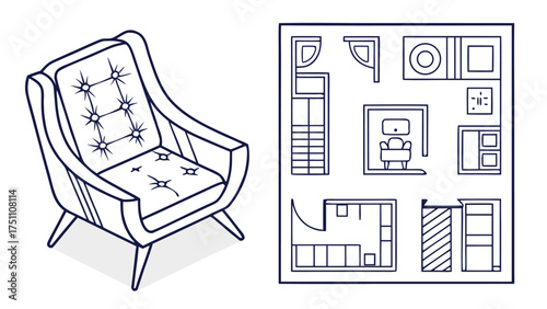 Chair Outline Top View Vector Set of Floor Plan Icons for Interior Design and Architectural Projects in Minimal Thin Line Style