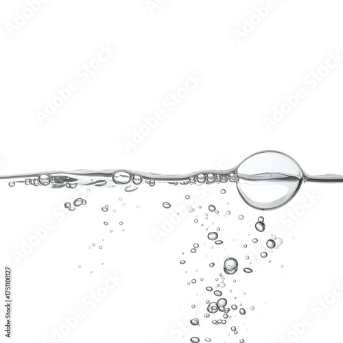 Close-up of water with bubbles, a line of bubbles at the surface, on a black background