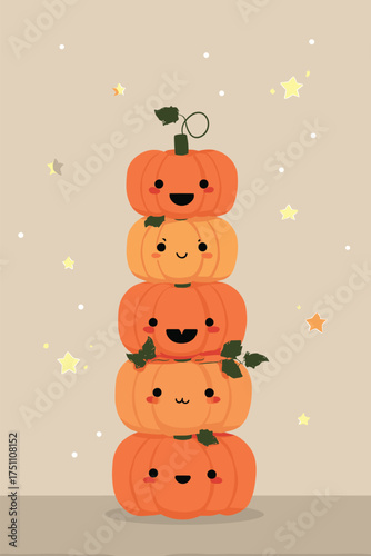Pumpkin party card with kawaii jack-o-lantern stack, each pumpkin showing different cute expressions vector illustration