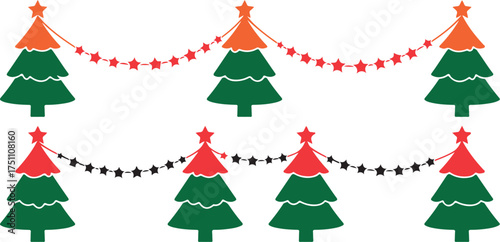 Festive christmas tree garland with twinkling lights and star toppers on white background