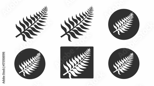 Illustration of fern fronds in various arrangements and shapes including circles and a square background | editable eps vectors silhouette