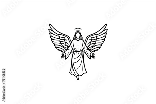 Detailed angel wings and flowing robe illustration beautiful black and white silhouette