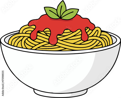 Vector Spaghetti Bowl – Simple Cartoon Pasta with Tomato Sauce and Basil, Easy Tracing Illustration