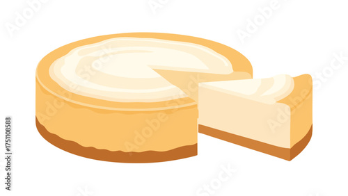 A classic creamy cheesecake with a golden-brown crust, featuring a single slice cut out.