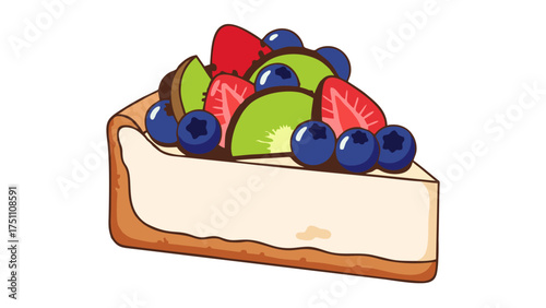 A delicious illustrated slice of cheesecake topped with fresh strawberries, blueberries, and kiwi.
