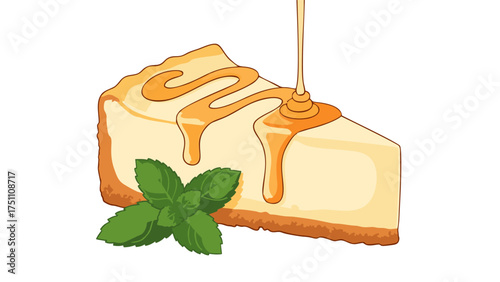 Creamy Cheesecake Slice with Golden Syrup Drizzle and Fresh Green Mint Leaves.