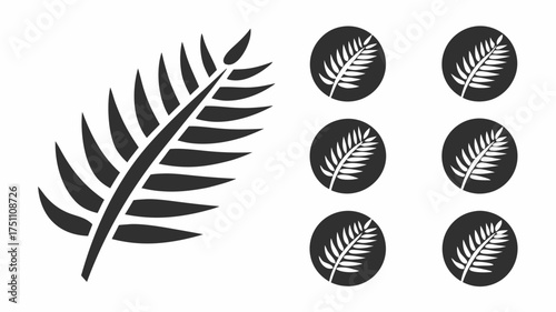 A graphic representation showcasing a fern frond alongside several circular fern leaf icons in black and white | editable eps vectors silhouette