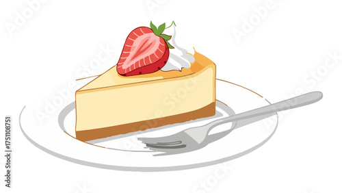 Delicious Cheesecake Slice with Fresh Strawberry and Whipped Cream on White Plate.