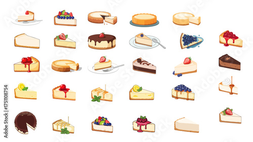 Delicious cheesecake collection - whole cakes and slices with diverse fruit, chocolate, and cream toppings.