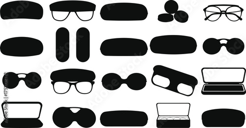 Eyeglass cases and eyewear accessories silhouettes collection, contact lens boxes vector artwork, optical storage design, cad drawing flat vector illustration
