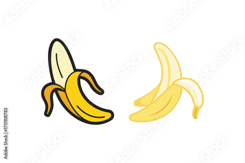 Two ripe bananas one peeled presented in a simple illustration silhouette