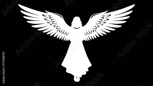Stylized white angel silhouette with outstretched wings against a stark black background