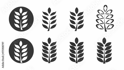 Illustration showing eight wheat stalk icons in varying styles on a white background in monochrome tone | editable eps vectors silhouette
