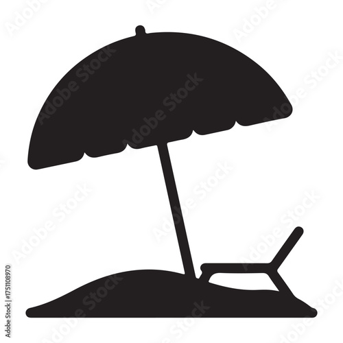 Black silhouette of beach umbrella and sun lounger on sand for summer holiday concept and vacation themes