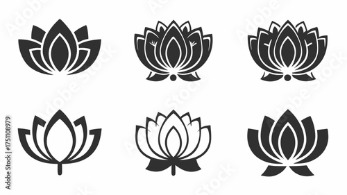 Collection of six lotus flower designs in black and white with varying petal arrangements and styles | editable eps vectors silhouette