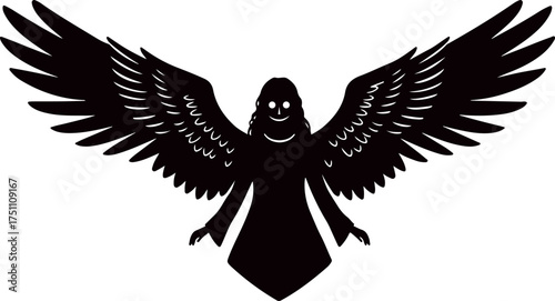 Dark angel silhouette with large spreading wings and ethereal face