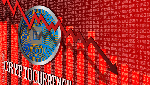 Vector economic and financial poster. 3d falling red arrow graphics with shadow on digital background. Collapse of cryptocurrencies. Computer coin, chip. Cheaping and scam