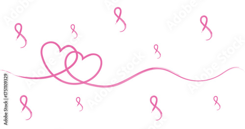 Pink ribbons and heart shapes on white background for breast cancer awareness and support theme