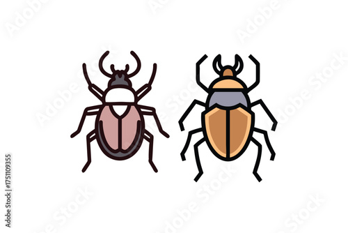 Two colorful beetle illustrations with bold outlines a striking silhouette