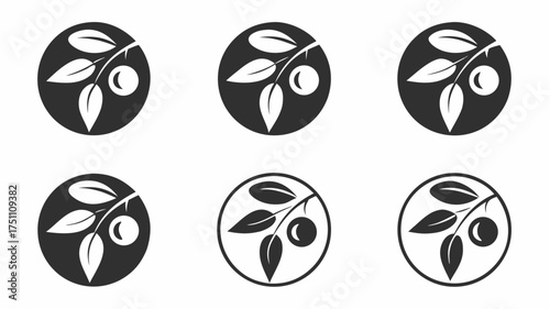 Six circular emblems displaying a branch with leaves and a fruit in a monochromatic color scheme design style | editable eps vectors silhouette