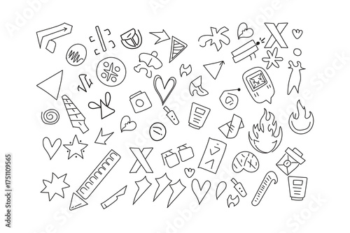 A chaotic and eclectic collection of hand drawn doodle icons and symbols in a sketchy black and white style