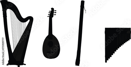 Harp lute recorder pan flute silhouettes, traditional musical instruments, classical folk music artwork, black silhouette design, cad drawing flat vector illustration