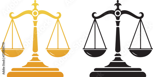 Golden and black scales of justice symbols side by side balance legal