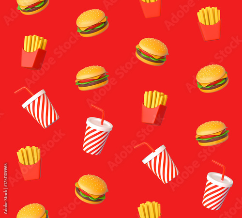 cheeseburger fast food set on red background 3D computer generated stylized seamless pattern illustration 