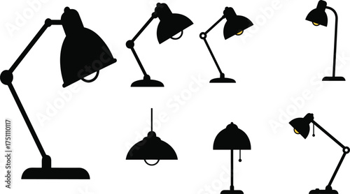 Lamp silhouette icon, desk light vector, hanging pendant design, adjustable arm lamp, interior lighting symbol, modern decor illustration, CAD drawing flat vector