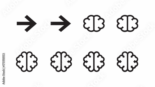 Arrows pointing right and brain icons arranged in a sequence representing thought progression process | editable eps vectors silhouette