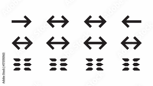 Illustration of various black arrow icons pointing in different directions and menu style icons arranged | editable eps vectors silhouette
