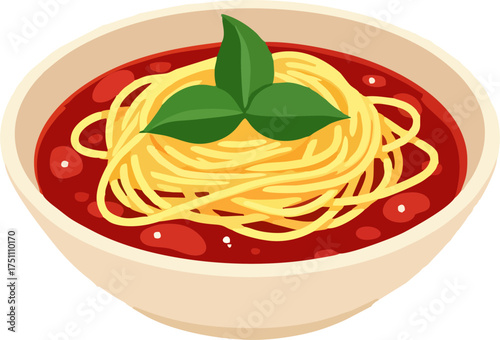 Spaghetti Bowl Vector – Italian Pasta with Tomato Sauce and Basil, Flat Minimal Cartoon Illustration