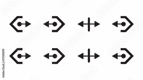 Black and white graphic featuring arrow icons pointing in opposite directions arranged in a symmetrical grid | editable eps vectors silhouette