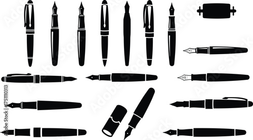 Fountain pens and components silhouettes collection, writing instruments vector artwork, elegant stationery illustration, office tools design, classic ink pen, cad drawing flat vector illustration