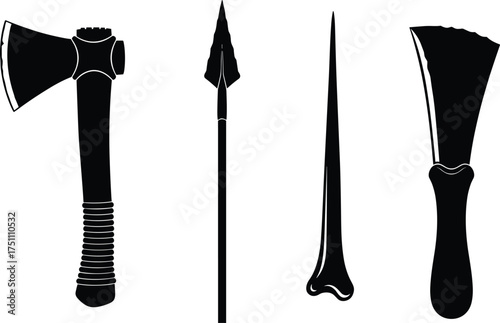 Primitive tool silhouettes, ancient weapons illustration, hatchet spear awl scraper, traditional hand tools, black silhouette artwork, cad drawing flat vector illustration