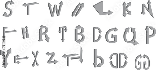 A colorful, abstract vector illustration of an alphabet set with musical arrows and 3D design elements