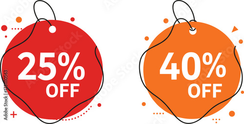 Red and orange discount tags, 25 percent off, 40 percent off labels, promotional sale stickers, retail marketing design, CAD drawing flat vector illustration