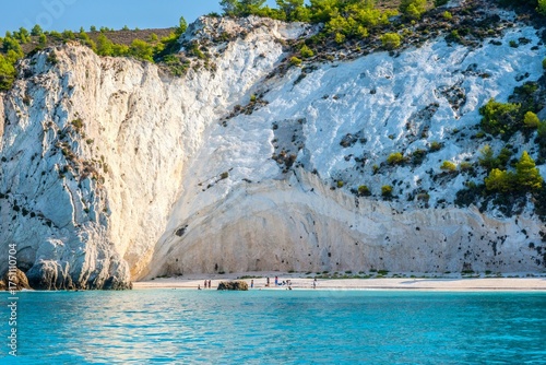 Expansive View of the Towering White Cliffs Meeting the Turquoise Sea at White Rocks Beach in Kefalonia, Greece