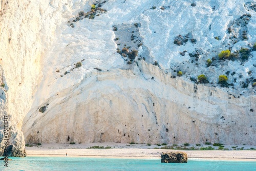 Close-up View of the Towering White Cliffs and Turquoise Water at secluded White Rocks Beach, Kefalonia, Greece