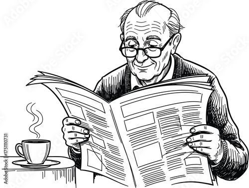 Elderly man reading newspaper, senior man with glasses, morning coffee, relaxation, lifestyle illustration, retirement, leisure activity, sketch drawing